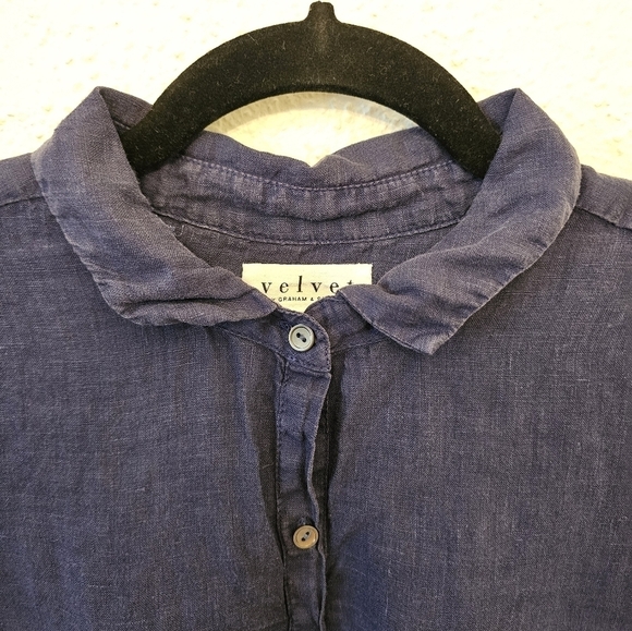 Velvet by Graham & Spencer Large 100% Linen Blue Dress Pocket Front Tie - Picture 4 of 13